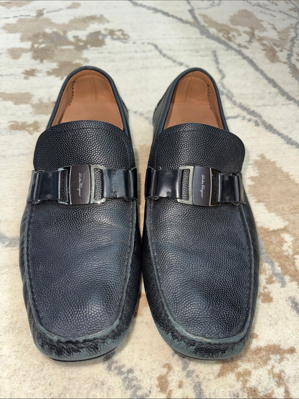 Salvatore Ferragamo Black Pebbled Leather Bit Loafers